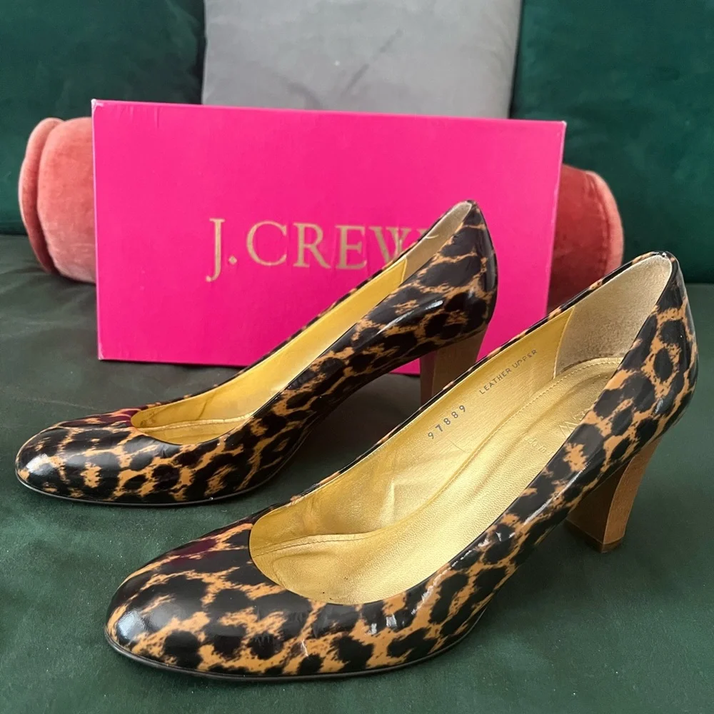 J. Crew vintage patent leather, leopard animal print heels, size 9.5